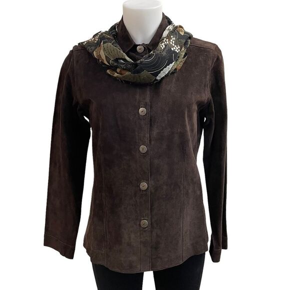 CHICO’s Outerwear Button Down LEATHER Jacket in Fudge w/ Fandance Scarf sz 0 NEW - Picture 1 of 10